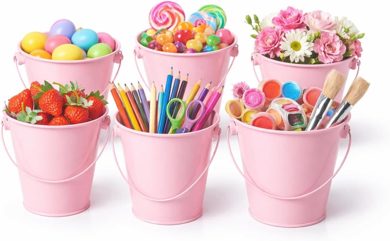 Dominus Decors Small Metal Buckets with Handles - Rust Resistant Leak-Proof Mini Tin Buckets for Classroom, Party Favors, Organization, Weddings, Gardening - Set of 6, Pink - Image 1